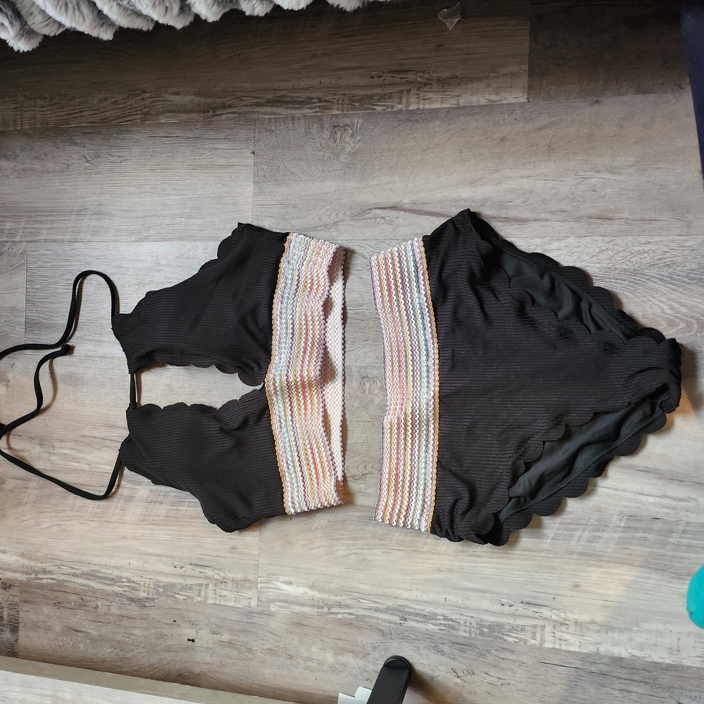 Black Scalloped Bikini with Multicolor Band